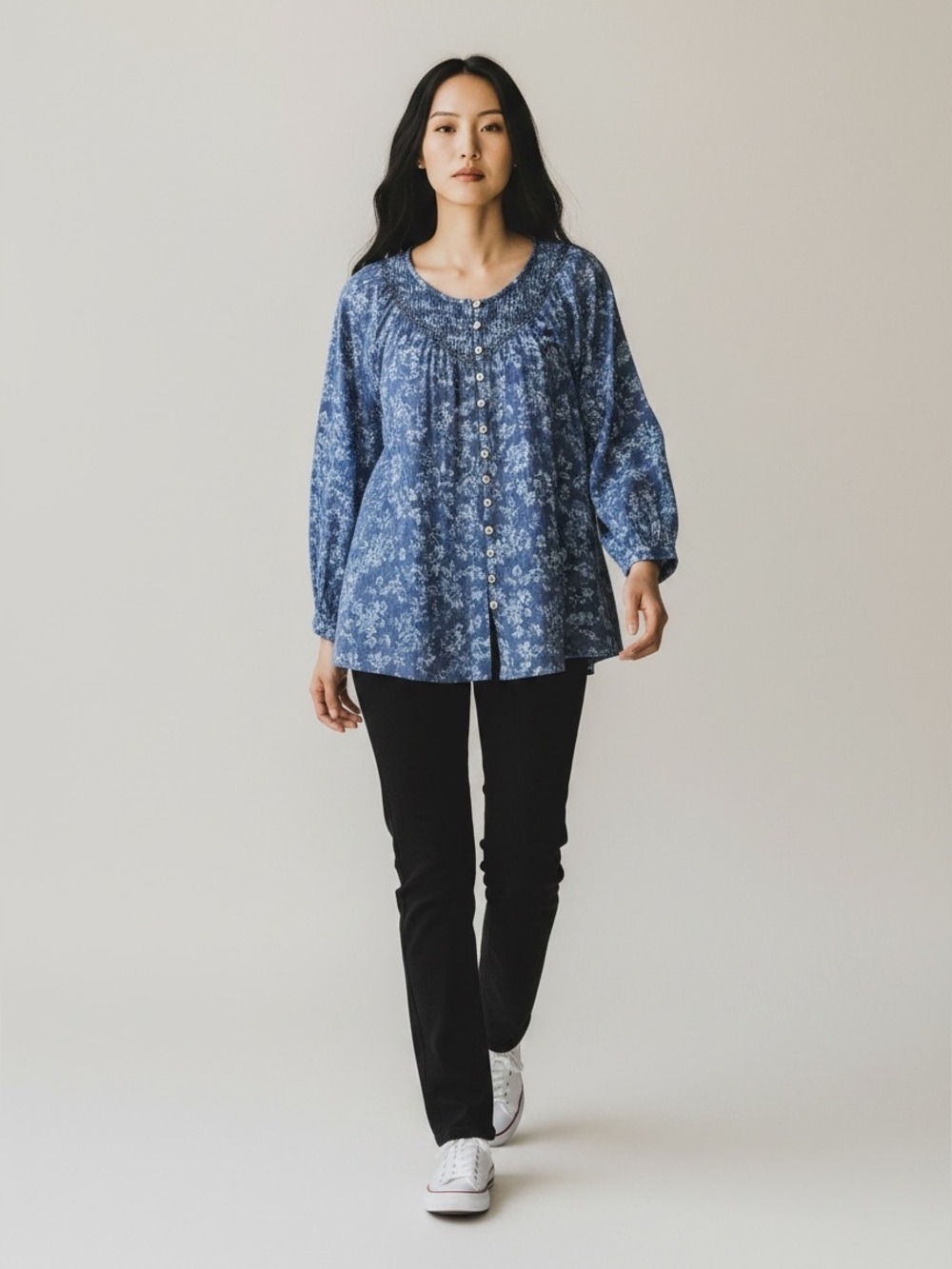 BeachLunchLounge Floral Button Down Long Sleeve 100% Cotton Top - Oversized - Picture 2 of 10